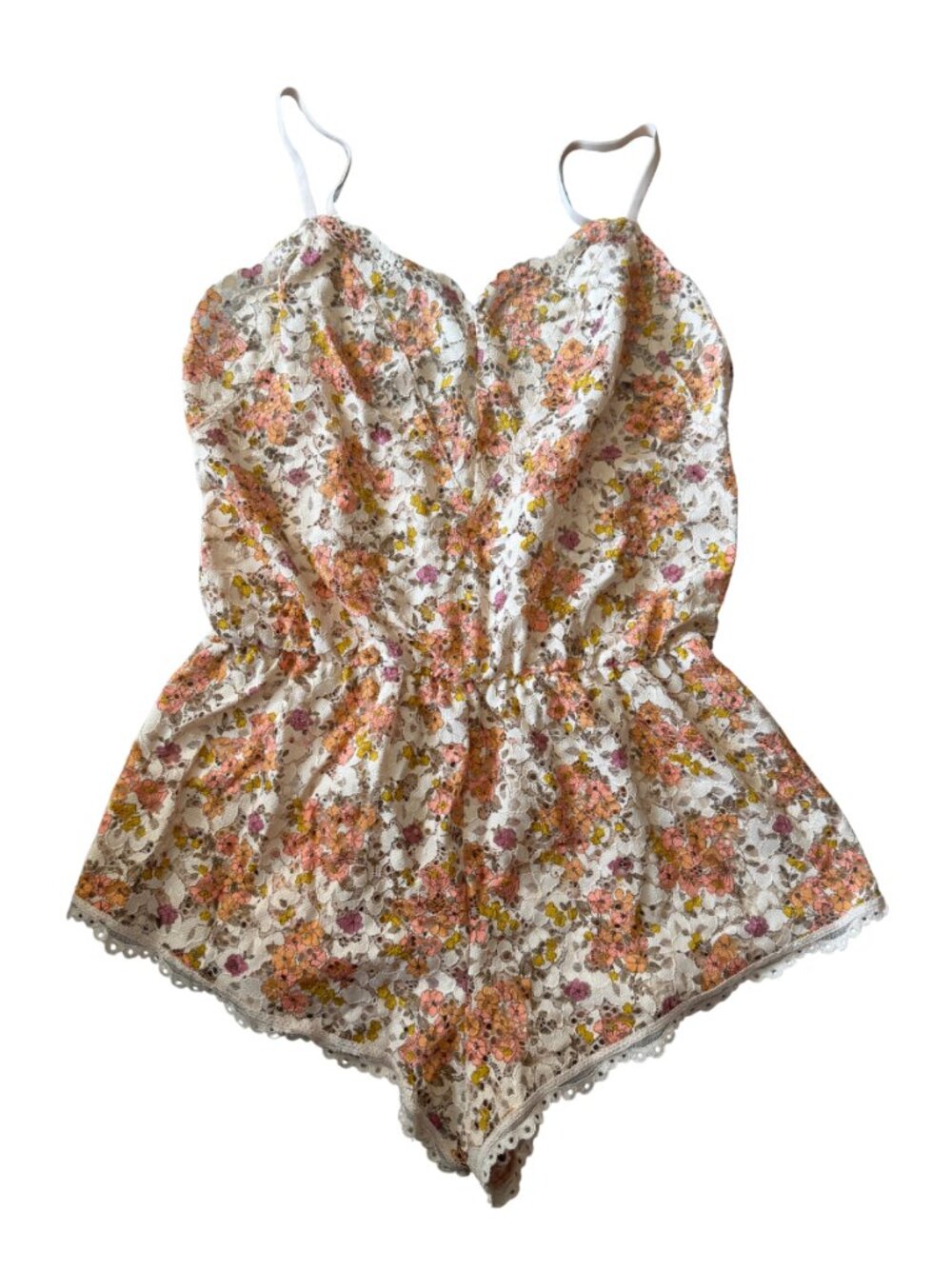 Victoria’s Secret Floral Lace Romper – Size S, Scalloped Trim, EUC